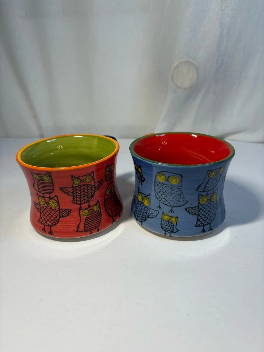 Pier 1 hand painted stoneware owl mugs